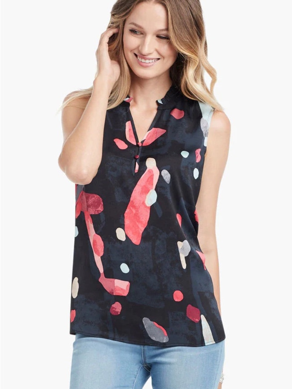 Nic+Zoe Navy Sleeveless Popover Top with Pink & Blue Abstract Print